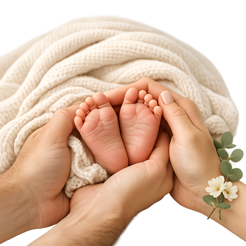 Parents gently holding newborn baby feet